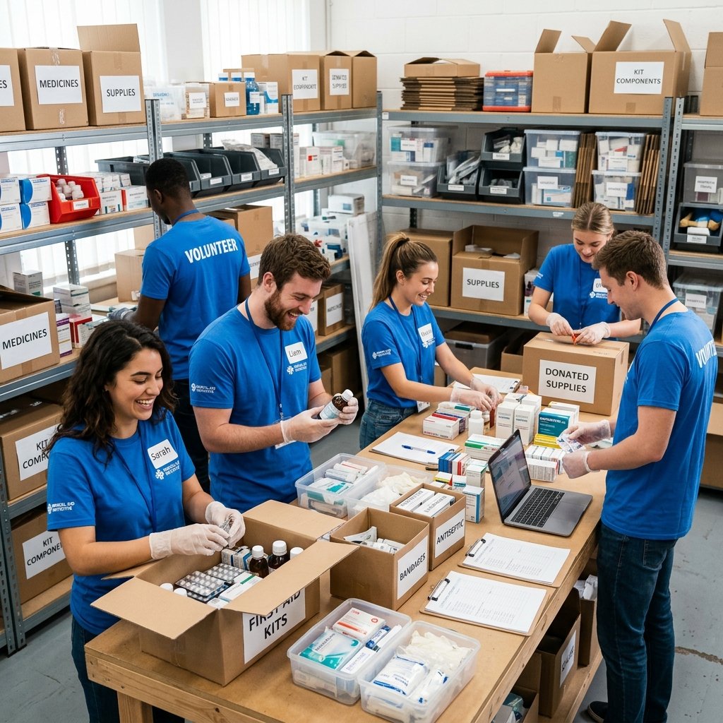 Volunteers sorting donated medicines